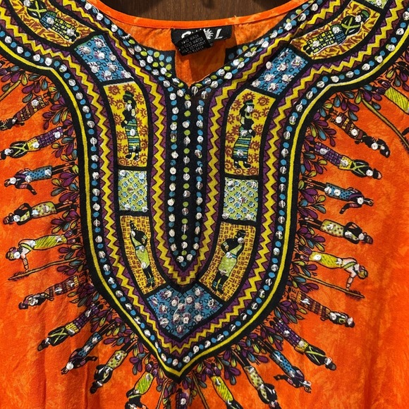 SOL Orange Dashiki Caftan Dress Free Size Bohemian Festival Fringe - Picture 3 of 7